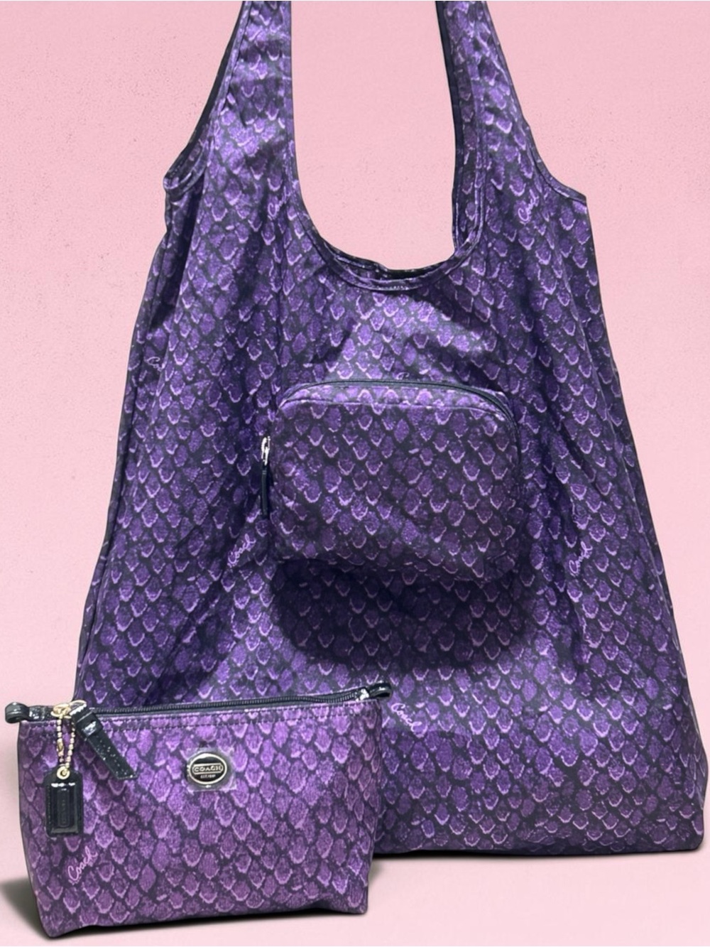 COACH Poppy Taylor Snake Print Nylon Folding Tote and Pouch NWT